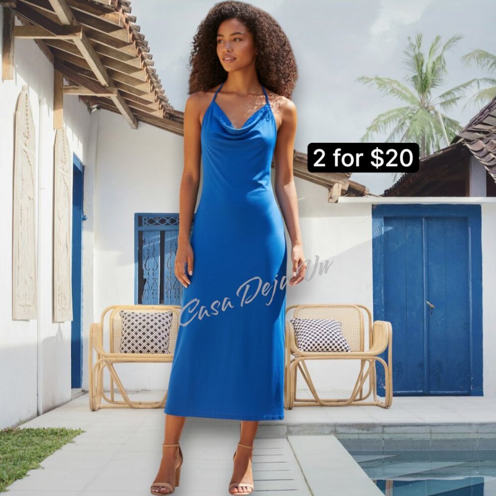 Sincerely Jules Stretchy Slinky Sexy Cowl Tie Neck Backless Halter Maxi Dress